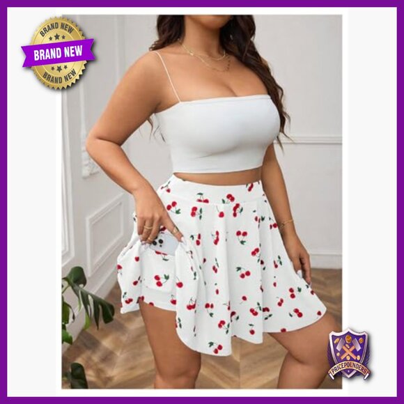 Plus Size High Waist Wide Leg Skorts Cherry Print Casual Wear - Picture 4 of 5